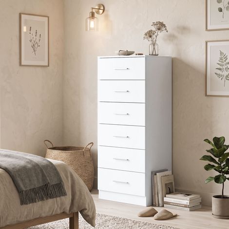 Commode à 6 tiroirs, commode moderne pour chambre, meuble de rangement, 40 x 40 x 110 cm, blanc aspect bois (1/5)