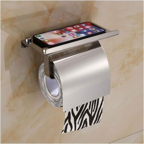 Wall-mounted toilet roll holder in 304 stainless steel with mobile phone holder, silver (1/5)