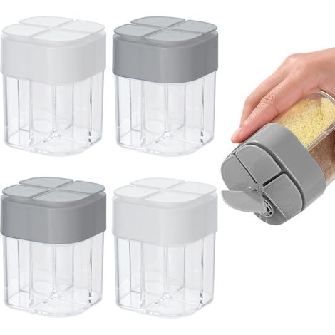 Saliera e pepiera in plastica 4 in 1, con 4 scomparti, dispenser per spezie vuoto, porta spezie da 4 pezzi, scatola porta spezie da viaggio, ideale per viaggi, cucina e barbecue (trasparente).
