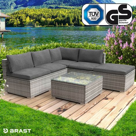 BRAST Gartenmöbel Lounge Sofa Couch Set Oase Grau Poly-Rattan für 4 Personen