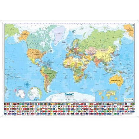 Carte murale politique du monde à l'échelle 1:28 000 000, avec drapeaux. Édition 2025.