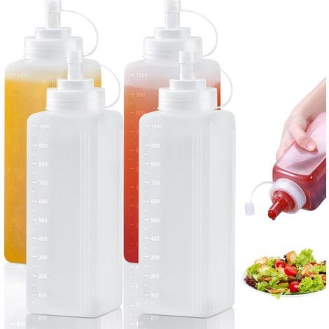 Lot de 4 bouteilles à presser - 1000 ml - Bouteilles compressibles avec bouchons - Bouteilles en plastique vides - Bouteilles à sauce pour ketchup, sauce piquante, huile d'olive (1/5)