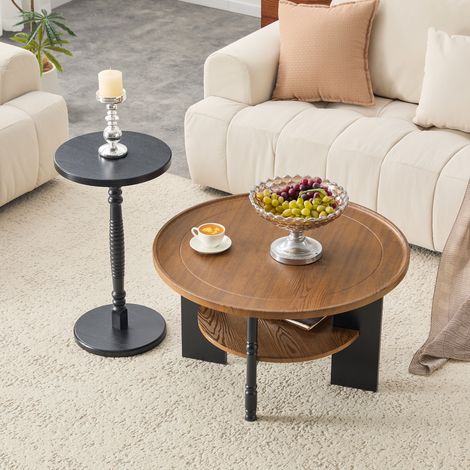 DESMIU Tables basses gigognes rondes avec 2 niveaux de rangement, finition moderne, pour salon, en MDF, noyer et noir (1/5)