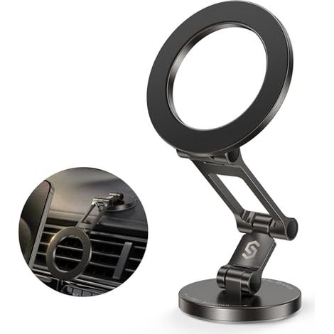 Support voiture magnétique MagSafe structure métallique, rotation 3 axes 360°, aimant renforcé compatible iPhone 17 16 15 14 Pro Max noir (1/5)
