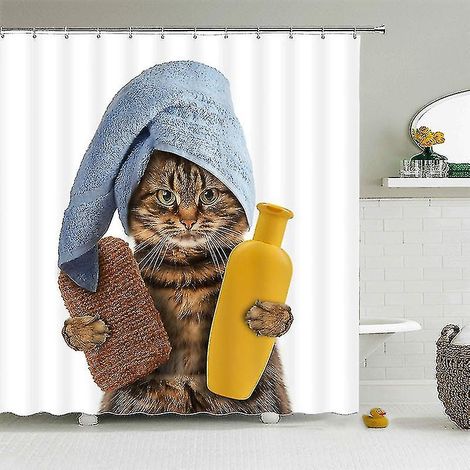 Rideau de douche drôle chat chien, déco salle de bain imperméable avec crochets, personnalité créative, motif amusant, 180x180cm, accessoire mural (1/4)
