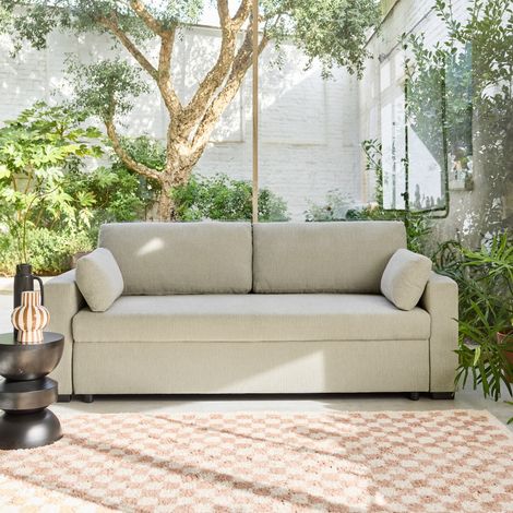 Canapé convertible 3 places tissu chenille L 211 x P 90 x H 86 cm - Easy Tissu Beige (1/5)