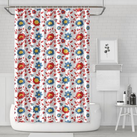 Duschvorhang mit Blumenmuster „Pioneer Flower“, 183 x 183 cm, Badezimmer-Dekor-Duschvorhang-Set mit 12 Haken, wasserdicht und waschbar