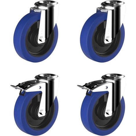 Lot de 4 roulettes à oeil pivotantes et pivotante à frein caoutchouc élastique bleu 125 mm charge 750 Kg (1/3)