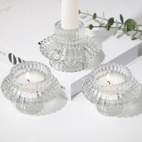 Set di candelabri a doppia faccia, composto da 3 pezzi, con portacandele conici in vetro e portalumini, ideali per decorazioni da tavola, matrimoni, feste e come complemento d'arredo. (1/4)