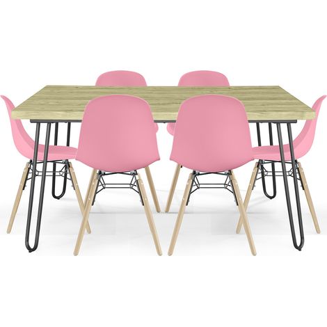 Pack Tavolo Hairpin (90x150 cm) + 6 Sedie da Pranzo Nordic Skögur Rosa