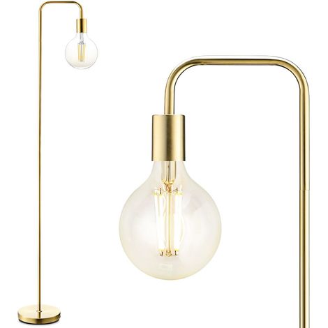 Lampadaire rétro incurvé en métal minimaliste avec interrupteur à pied pour chambre à coucher, salon, lecture, bureau I 165 cm I E27 (Or) (1/5)