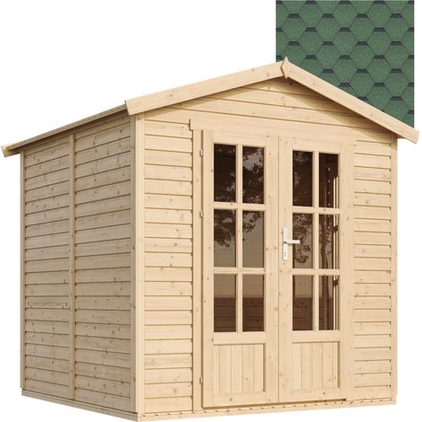 TIMBELA M351FB Cabane en bois avec plancher, avec bardeaux bitumineux couleur VERT l233xP222xH233cm, Abri en bois de jardin multifonctionnel, Bureau de jardin en bois verrouillable, Atelier, Studio (1/5)
