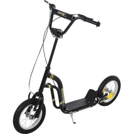 Trottinette enfants, grandes roues pneumatiques 12 pouce en caoutchouc, charge 100 kg, trottinette tout terrain avec double freins, hauteur réglable et béquille latérale, 5 à 12 ans, noir (1/4)