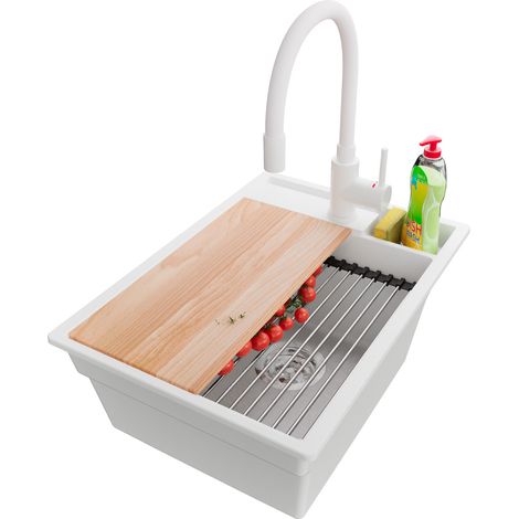 PRIMAGRAN Evier Cuisine en Granit 38x53cm,Lavabo 1 bac + Robinet 38x14cm + Kit de Vidage + Accessoires, Évier à Encastrer au meuble 40cm - Oslo Pocket, Blanc (1/5)