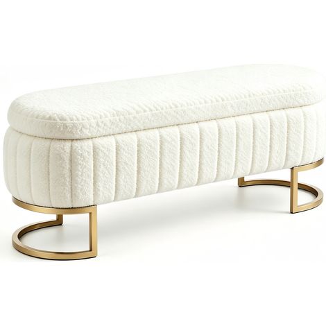 Banco con almacenaje de terciopelo 130 cm con patas metálicas doradas crema HOMVRA (1/5)