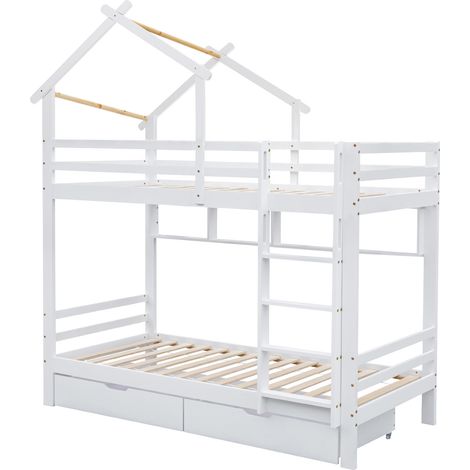 Lit superposé cabane avec tiroirs et étagères 90x200 cm blanc (1/5)