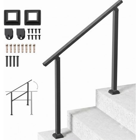 Pasamanos de Exterior para Escalera Kit de Barandilla para 2 a 3 Escalones Tubo Cuadrado con Barra Horizontal Rieles de Soporte de Acero al Carbono para Escaleras de Hormigón, Terraza, Negro (1/5)
