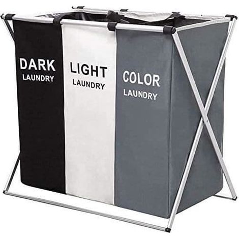SABIR-Panier à linge pliable (gris, blanc et noir) de grande capacité (155 litres), avec 3 compartiments et poignées, idéal pour la salle de bain, la chambre ou la maison. Dimensions : 68 x 38 x 60 cm (1/4)