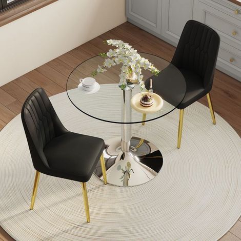 Table et Chaises de Salle à Manger 85 cm Table en verre de sécurité 2 Chaises noires PU pieds dorés Design minimaliste moderne (1/5)