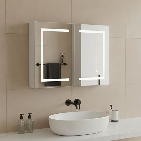 Armoire murale de salle de bain avec miroir LED, Meuble miroir salle de bain, 2 Étagères Réglables (1/5)