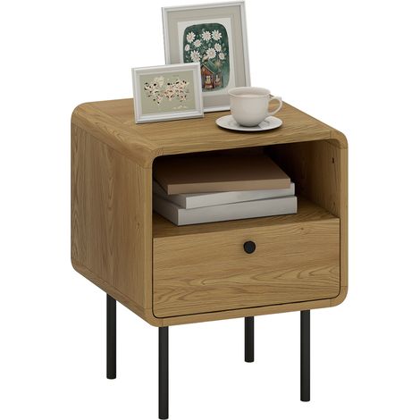 HOMCOM Bedside Table with Drawer and Shelf, Modern Bedside Cabinet, Oak (1/5)