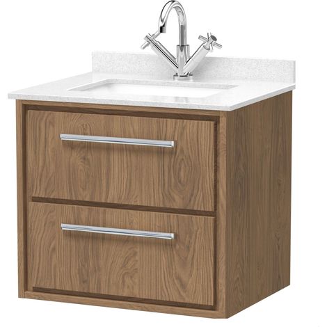 Longnor 2 Drawer Wall Hung Vanity Unit with Square Basin and Marble Worktop, Antique Oak, 600mm