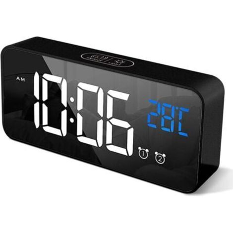 Pr Digital Alarm Clock with Large LED Temperature Display, Portable Mirror Alarm with Dual Alarms Snooze Time 4 Levels Adjustable Brightness Dimmer 13 Music (1/4)