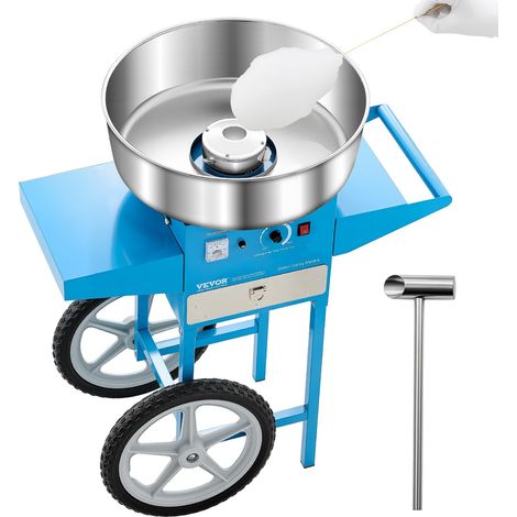 Machine à barbe à papa électrique avec chariot, 1000 W, appareil à barbe à papa commercial avec bol en acier inox de 52 cm, cuillère à sucre et tiroir, pour fêtes d'anniversaires d'enfants, bleu