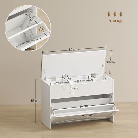 Banc à chaussures pliable avec tiroir et rangement, pouvant contenir 8 paires de chaussures, 80 x 30 x 55 cm, blanc (1/5)