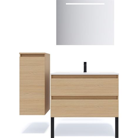 Meuble de salle de bain suspendu vasque intégrée 90cm 2 tiroirs Chêne clair + miroir + colonne ouverture gauche - Hudson (1/5)