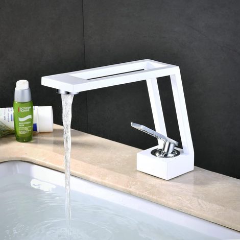 Grifo de baño blanco y cromado para 1 orificio, diseño contemporáneo creativo, manija monomando, mezclador de lavabo de latón macizo, montaje moderno sobre encimera - OTRO (1/4)