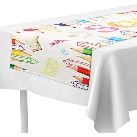 Tischläufer Schulanfang 180x35cm Leinen mit Schreibwaren-Motiv