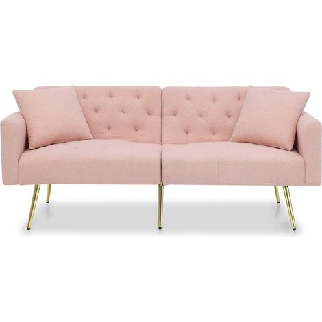 Canapé 2 places tissu teddy rose, dossier 3 positions, 2 coussins assortis, pieds métal doré, idéal petit salon ou appartement - CHICFURN (1/5)
