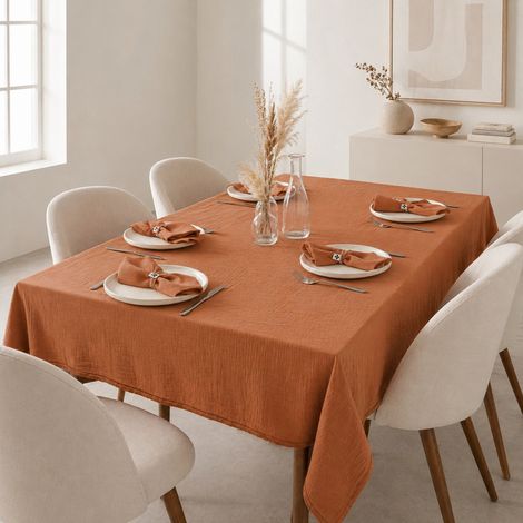 Nappe rectangle 150 x 250 cm + 6 serviettes de table – Double gaze de coton GAÏA Abricot (1/5)