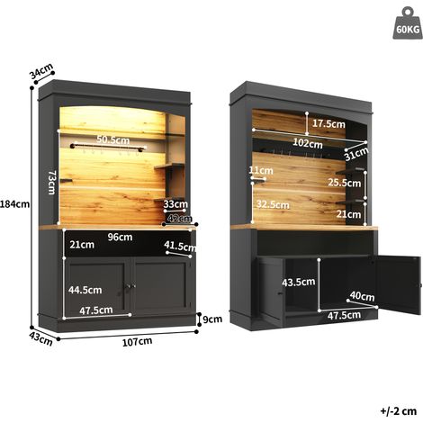Armoire de cuisine,meuble haute (107x43x184 cm),vitrine,buffet,buffet avec éclairage LED,étagère ouverte,noir-Chi