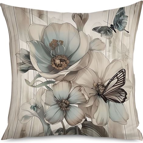 Housse de coussin fond bois noyer et tulipes (1/5)