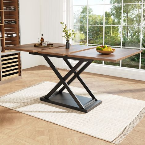 Table à manger extensible 120-160x80x75 cm noyer et noir en MDF et métal avec pieds croisés (1/5)