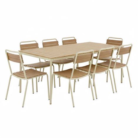 Ensemble table de jardin en métal et bois et 8 chaises crème
