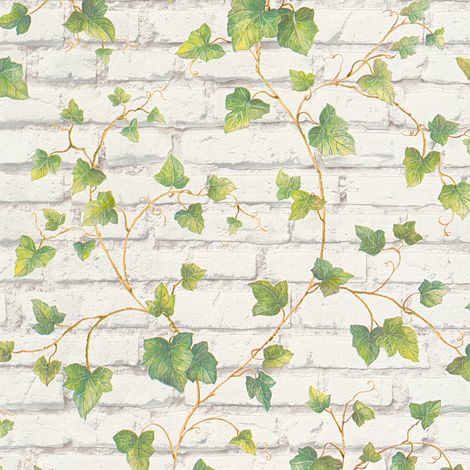 Papier peint vert avec motif feuilles | Papier peint à motif fausse pierre et brique blanche | Tapisserie blanche et verte idéal cuisine - 10,05 x 0,53 m (1/5)