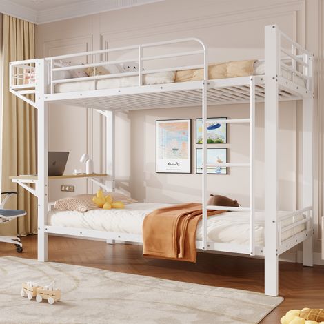 Lit superposé enfant 2 places 90x200 cm avec bureau intégré, niche réversible, garde-corps, échelle, structure métal et MDF blanc (1/5)