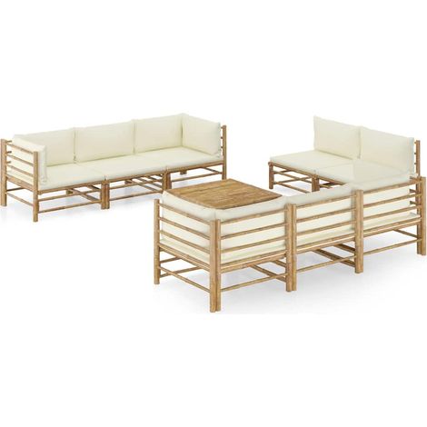 Salon de jardin 9 pcs Ensemble Table et Chaise de Jardin - avec coussins blanc crème Bambou BV307570 - BonneVie (1/5)