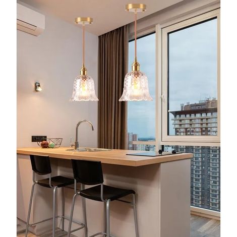 2pcs Suspension Luminaire en Verre,Lampe Suspendue Industriel Vintage E27 Finition en Laiton Lustre Abat-jour Designe Fleur (1/5)