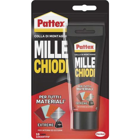 Pattex Mille Chiodi Extreme, forte adesivo di montaggio, colla forte per interni e esterni, adesivo sigillante resistente ad acqua e raggi UV, bianco, 1x142g blister (1/5)