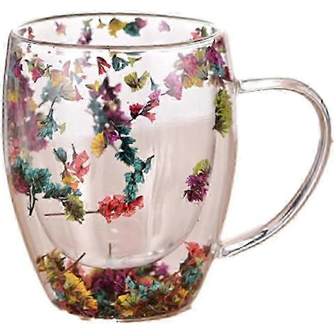 Doppelwandiger Glasbecher (2 Stück) mit Trockenblumen und Henkel, hitzebeständig und isoliert, geeignet für heiße und kalte Getränke, Tee und Kaffee. (1/5)