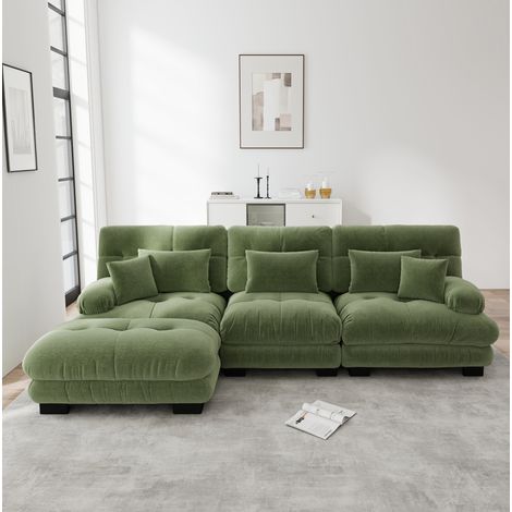 Divano angolare modulare in chenille verde con ottomane mobili (1/5)