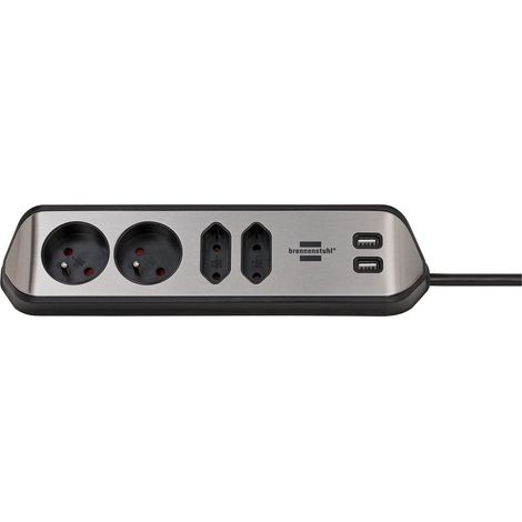 Brennenstuhl® Style - Ciabatta elettrica con 4 prese (base in acciaio inox per cucina e ufficio, con de funzione di ricarica USB) argento e nero