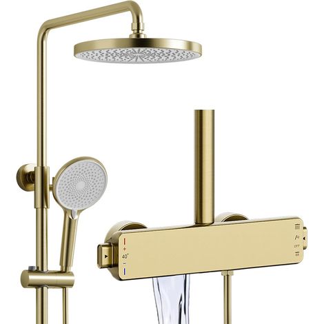 Colonne de Douche Thermostatique Dorée Ensemble Ensemble de Douche en Laiton Réglable en Hauteur, 3 Fonctions Système de Douche Murale avec 26cm Pommeau de Douche, Douchette et Robinet Cascade (1/5)