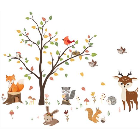 Stickers muraux animaux de la forêt, grands arbres, branches, stickers pour vitres, décoration salon/chambre, stickers dessins animés