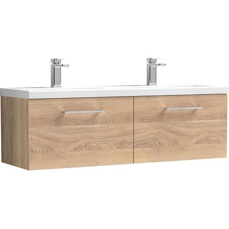 Balterley Bramshall 1200mm Wall Hung 2 Drawer Double Basin Vanity Unit for Modern Bathroom Storage - Bleached Oak