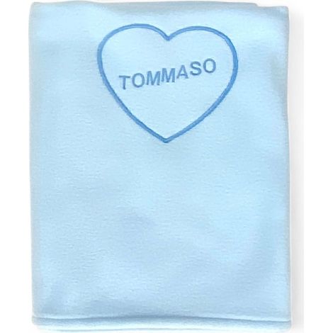 Copertina pile personalizzata con nome - Cuore ricamato - Bambino e Bambina - asilo lettino culla neonato, morbida Made in Italy Azzurro Cm. 70x100